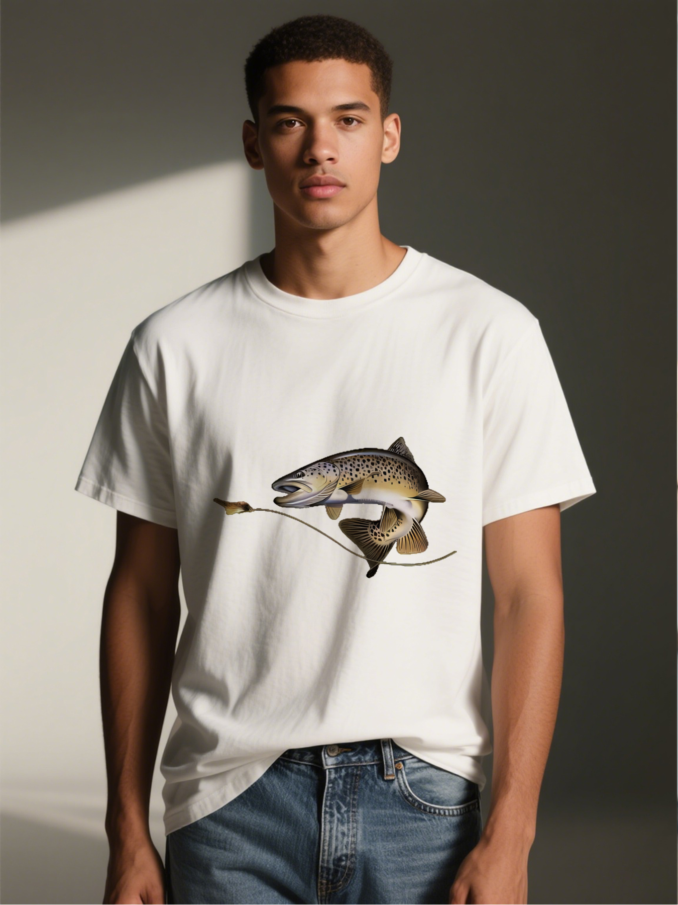 Men's Printed T-Shirt Brown Trout Fishing Design Casual Round Neck Summer Lightweight Breathable Short Sleeve T-Shirt for Outdoor Enthusiasts and Fishing Lovers