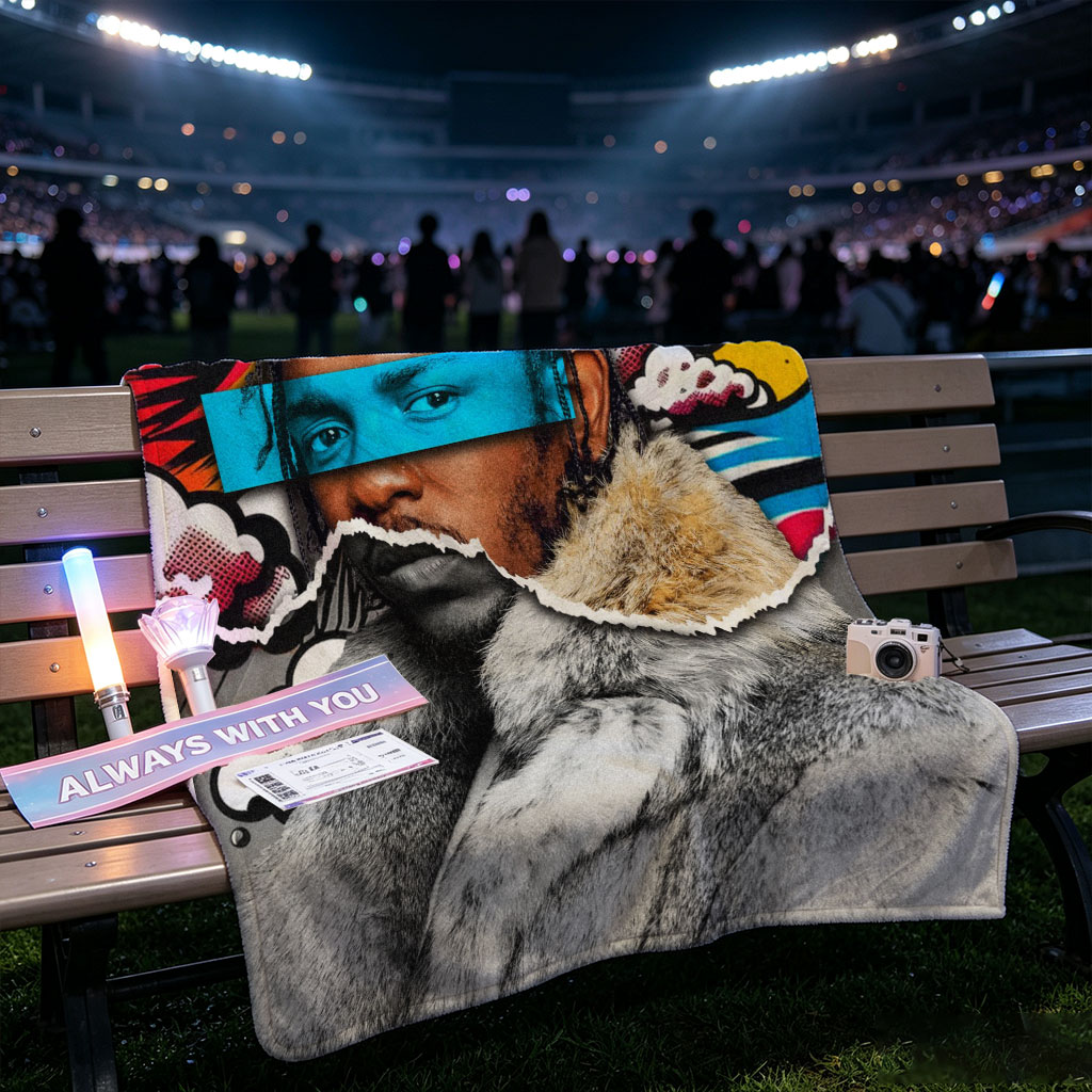 Kendrick Lamar in a Fur Coat with Comic-Style Background and Blue Eye Mask - Blankets