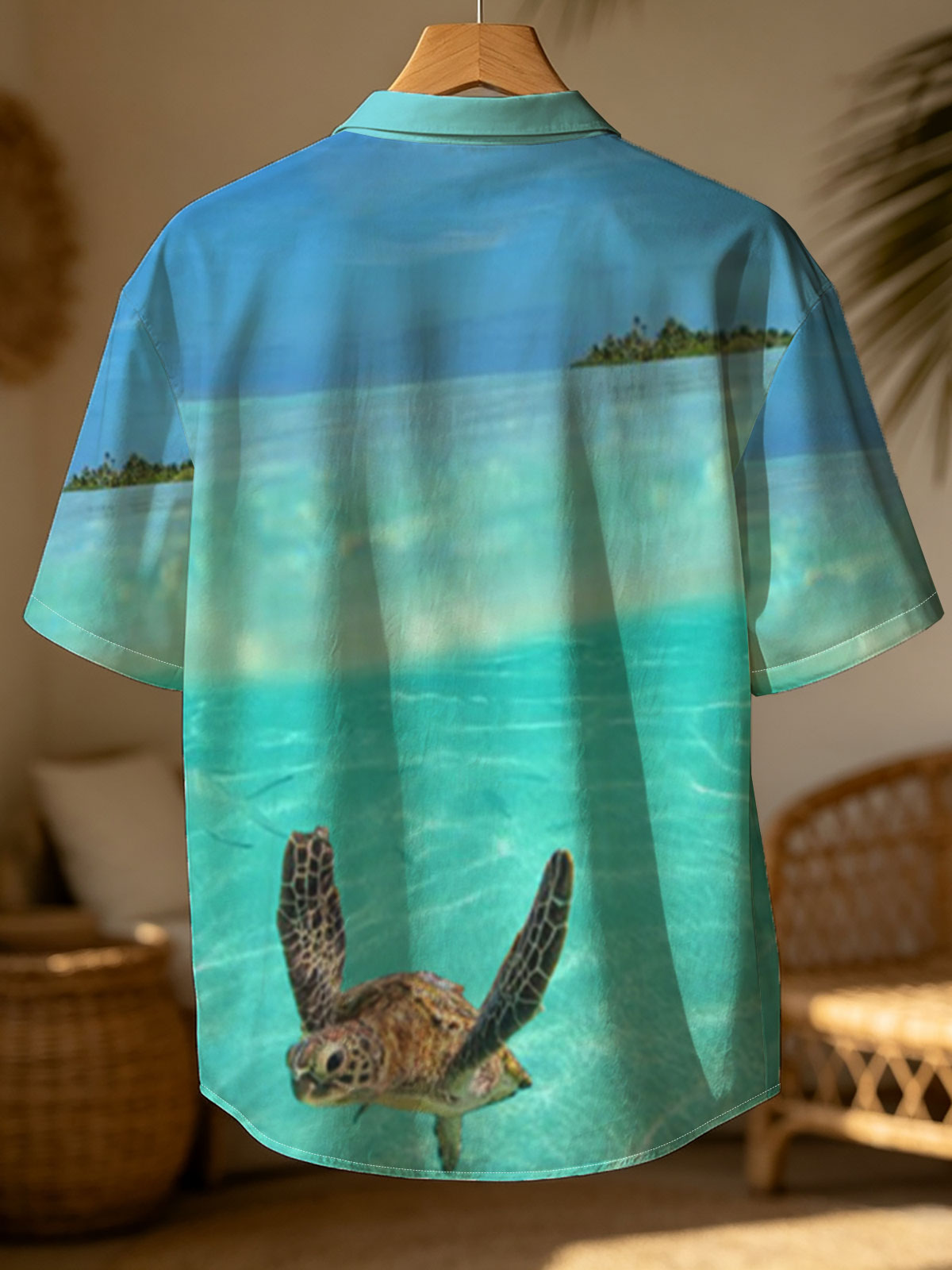 Sea turtle swims in crystal-clear turquoise waters near a tropical island. -  Shirt