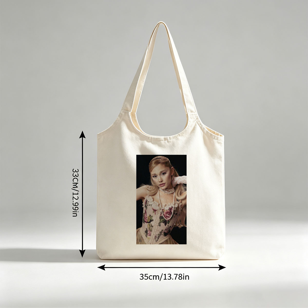Ariana Grande in Elegant Floral Corset with Pearl Necklace and Vintage Style Pose - Canvas shoulder bags/