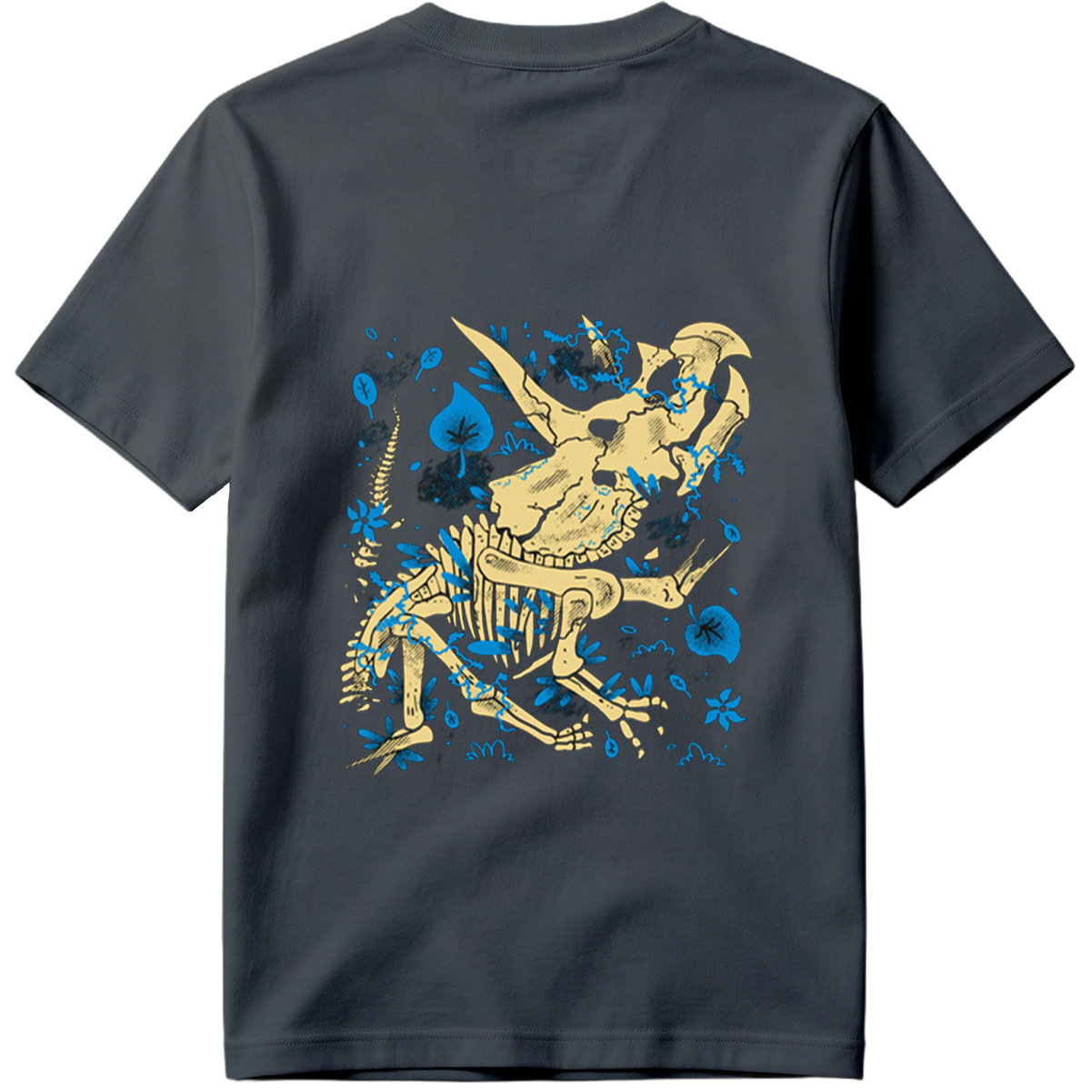 Triceratops Skeleton with Blue Leaves and Water Splash - Tee