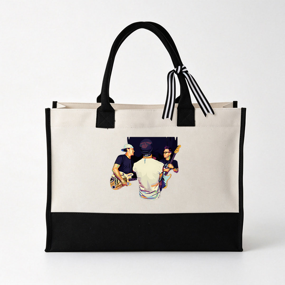 Three Musicians Playing Guitars in a Vibrant Art Style - Canvas patchwork gift tote bag