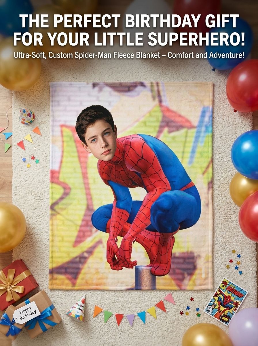 Custom Photo Superhero Flannel Blanket, Ultra Soft Personalized Face Fleece Throw, Warm Cozy Birthday Gift for Kids