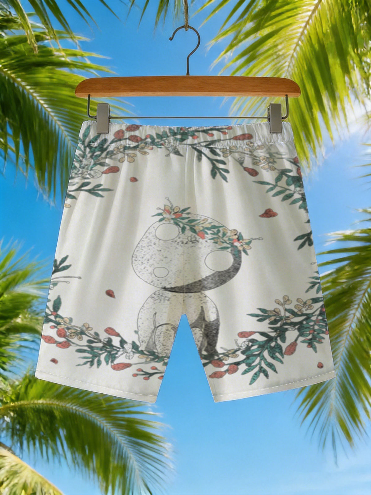 Cute Panda with Floral Crown in Wreath -  Beach shorts