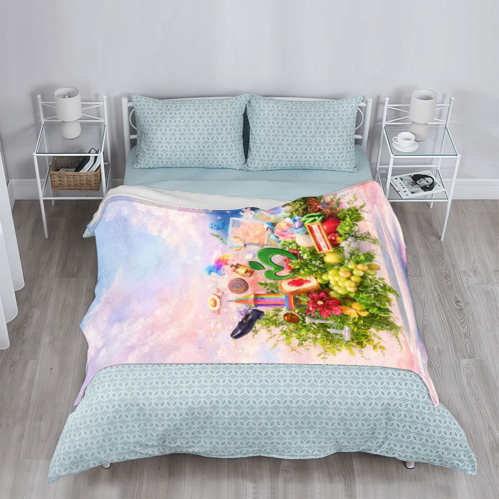 Mrs. GREEN APPLE Fantasy Garden Scene with Colorful Objects and Nature Elements on a Plate - Blankets
