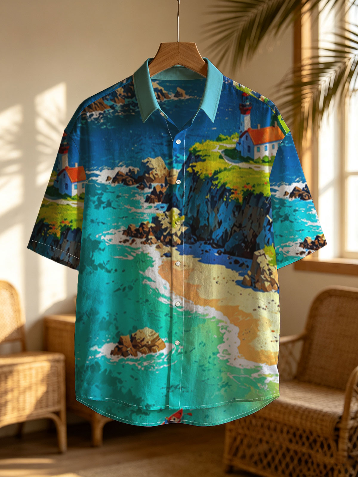 Coastal Lighthouse and Turquoise Bay with Boats -  Shirt