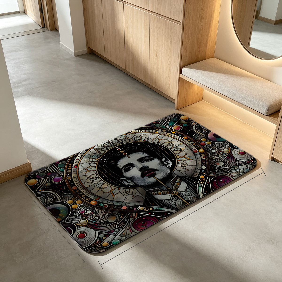 Freddie Mercury in Cosmic Stained Glass Art - Flannel floor mat