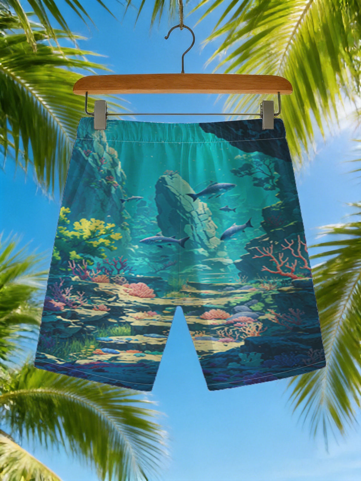 Underwater Paradise with Colorful Coral and Swimming Fish -  Beach shorts