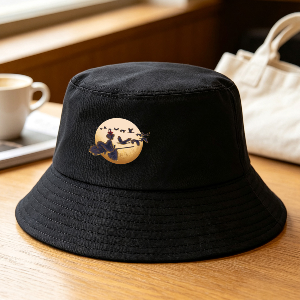 Mulan Flying on a Broomstick with Geese Against the Moon - Fisherman's Hat