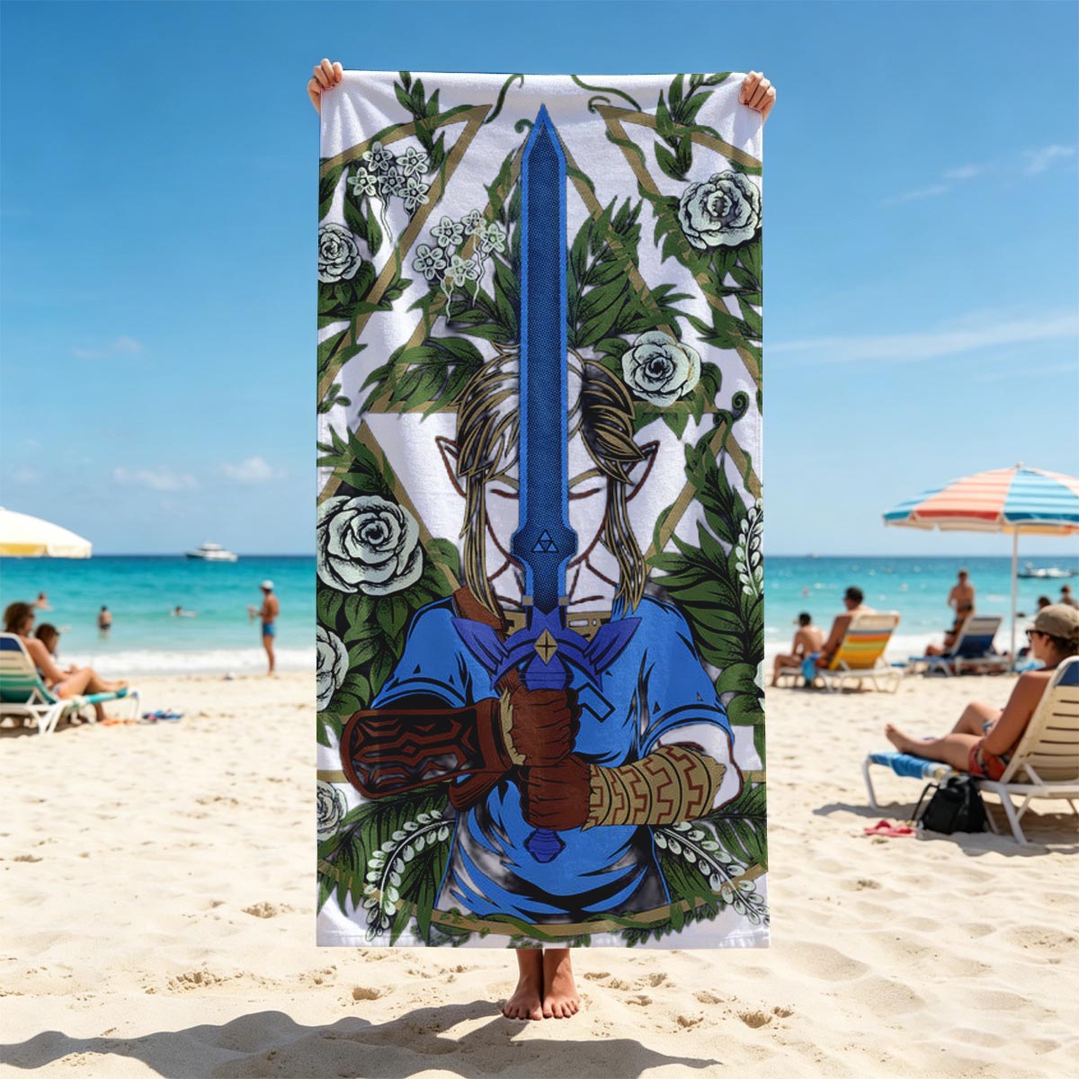Link from The Legend of Zelda holding Master Sword, surrounded by floral wreath and geometric design - Beach towels
