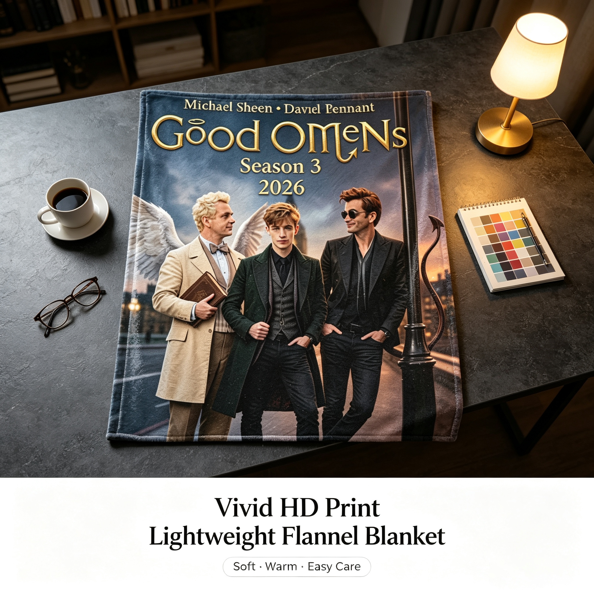 Custom Face Blanket Good Omens Season 3 Flannel Blanket for Fans of Michael Sheen and David Tennant Perfect Gift or Giveaway for TV Show Enthusiasts