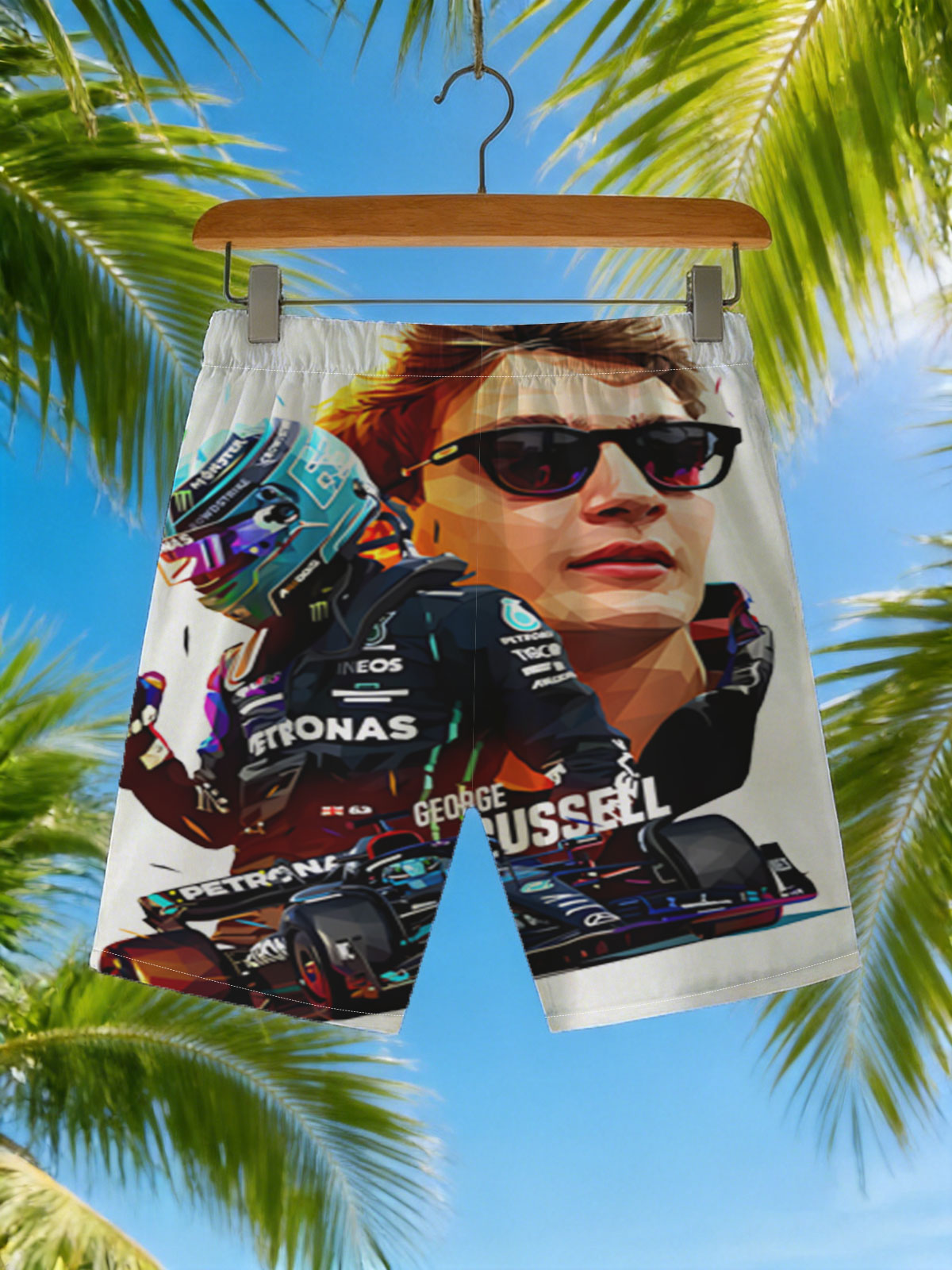 George Russell F1 Driver in Petronas Racing Gear with Formula 1 Car -  Beach shorts