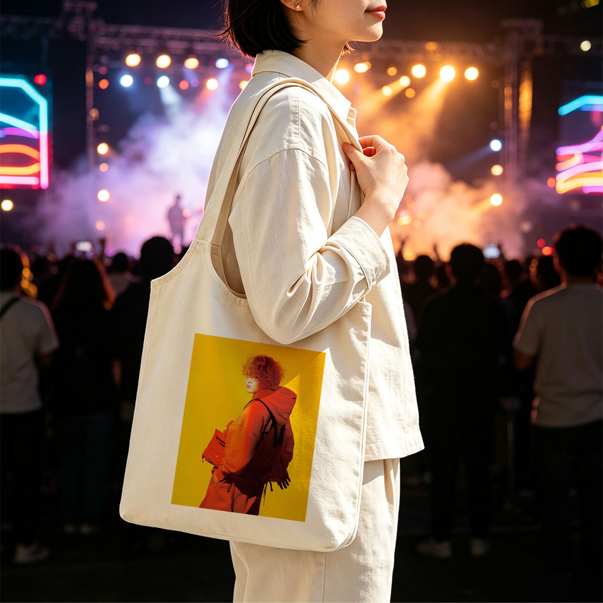 Yuta from Exile Tribe in a Bold Orange Outfit with a Backpack Against a Vibrant Yellow Background - Canvas shoulder bags/