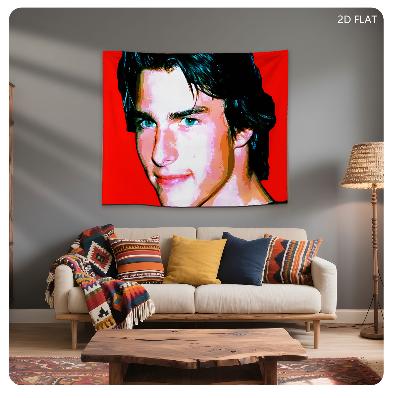 Tom Cruise in a stylized portrait with vibrant red background - Tapestry