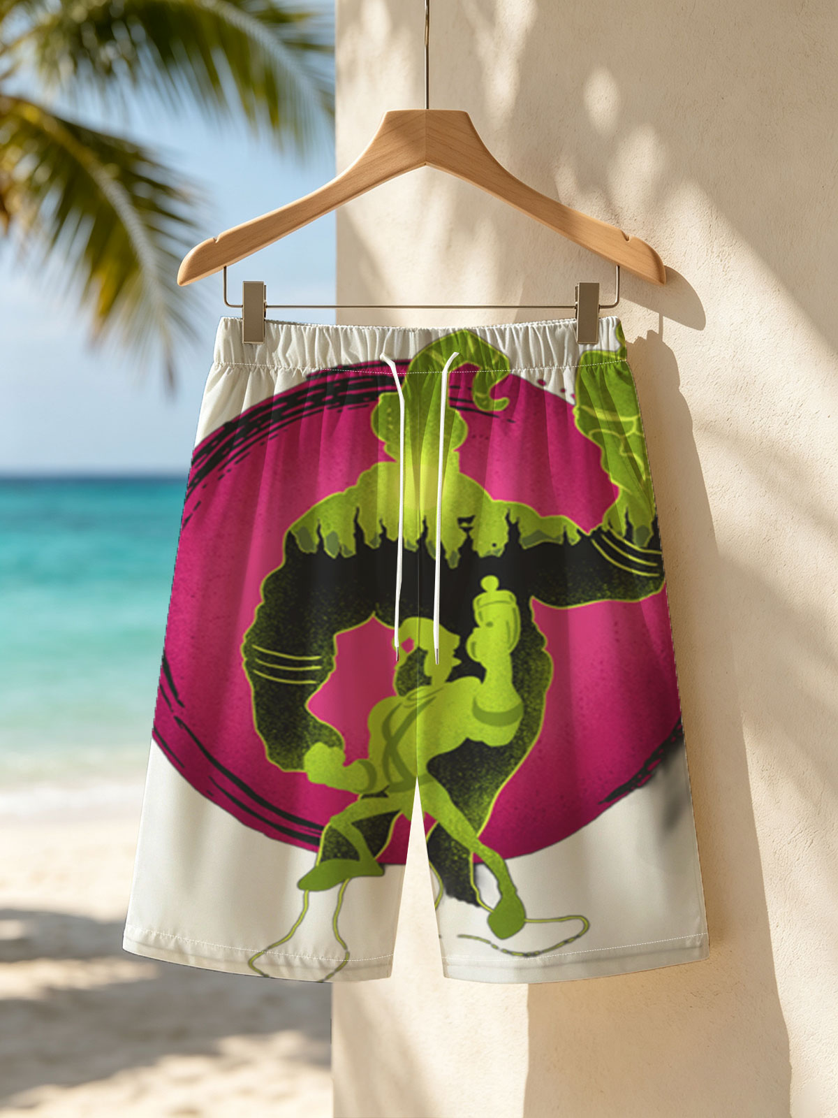 Green Goo Wizard and Warrior Duel on Pink Orb Background -  Beach shorts