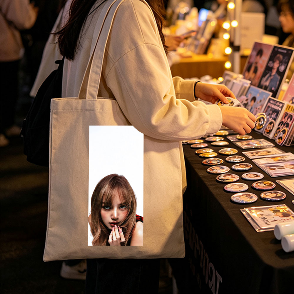 Lisa Blackpink Close-Up Portrait with Blush and Pink Nails on White Background - Canvas tote bags