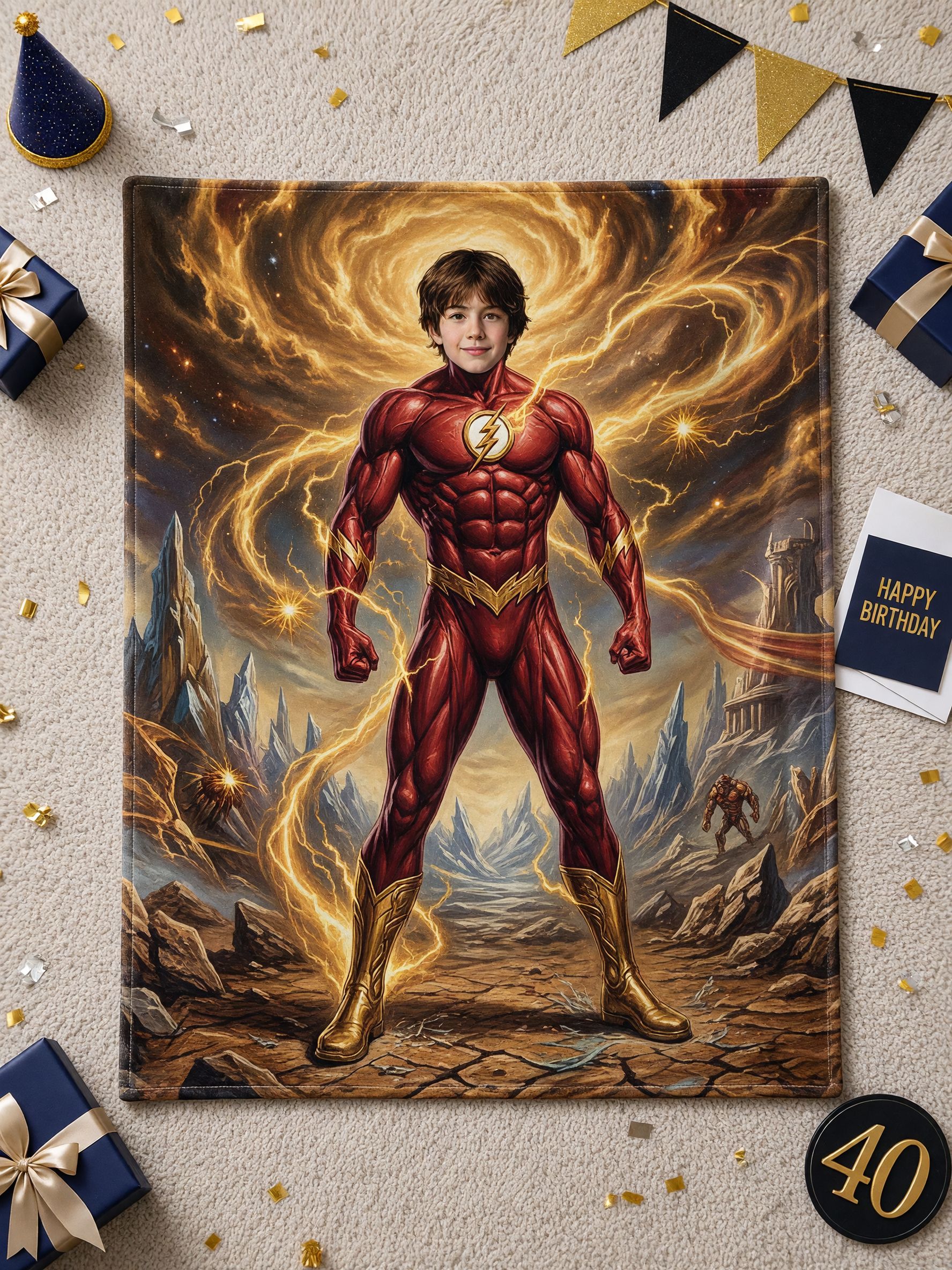 Custom Photo Face Superhero Flannel Fleece Blanket, Ultra Soft Personalized Throw With Lightning Hero Art For Bed
