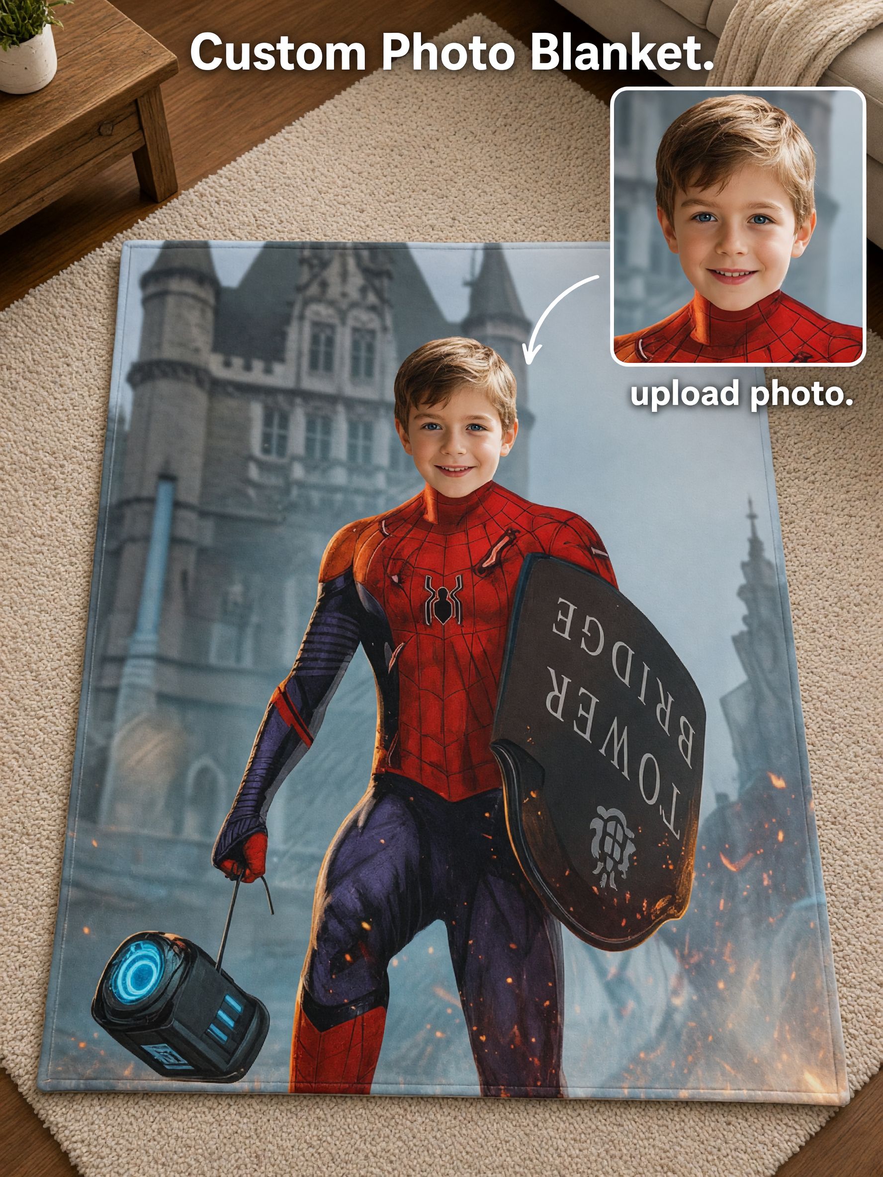 Custom Photo Superhero Flannel Blanket, Personalized Face Print Soft Plush Throw, Ideal Cozy Gift for Kids and Boys