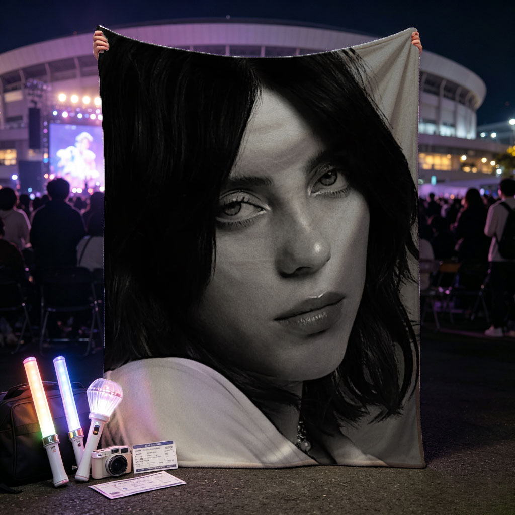 Billie Eilish in a Monochrome Portrait Wearing a White Shirt with a Delicate Necklace - Blankets