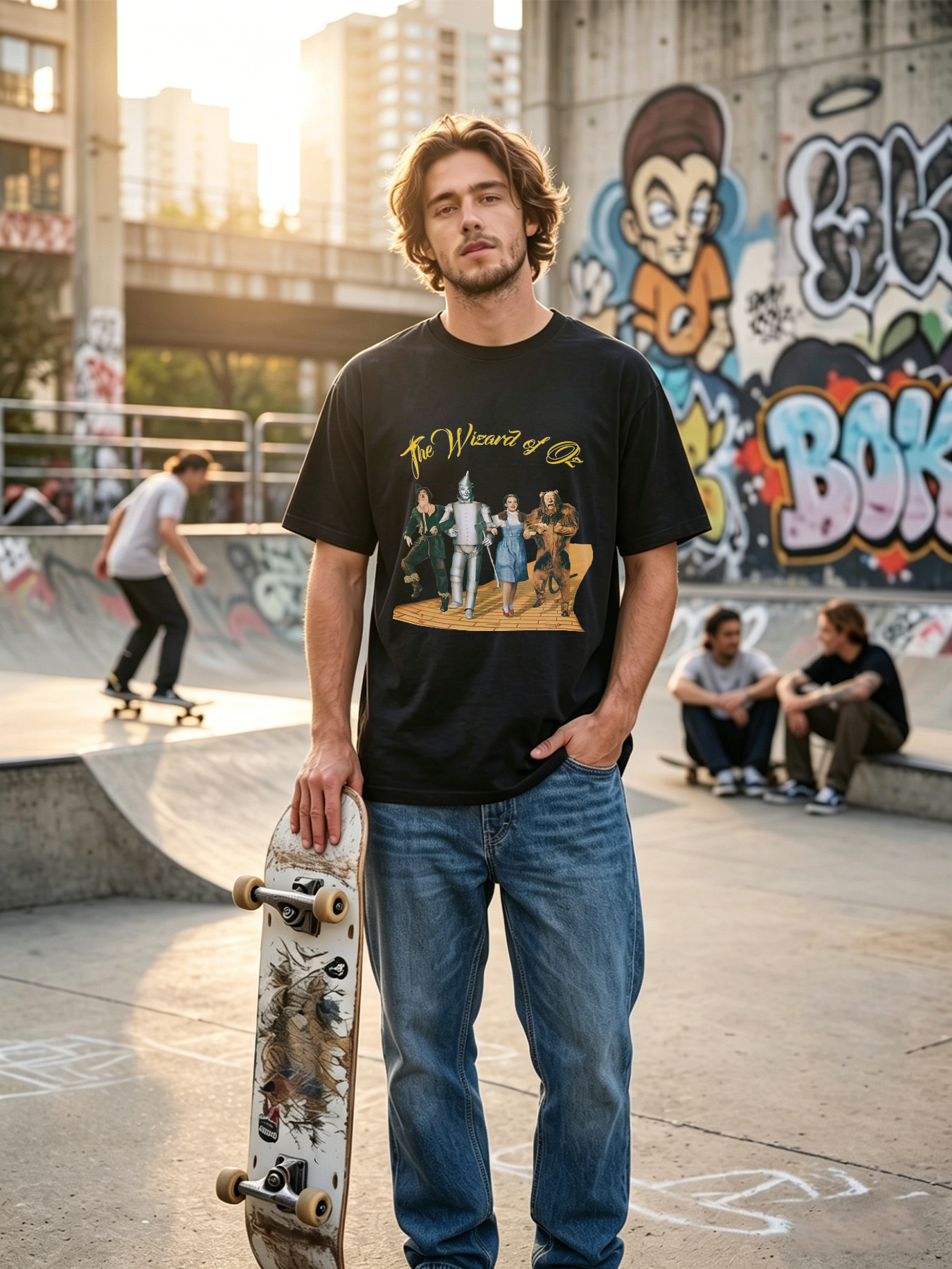 Men's Printed T-Shirt The Wizard of Oz Characters Yellow Brick Road Design Casual Round Neck Summer Lightweight Breathable Short Sleeve Tee for Fans of Classic Movies and Pop Culture Enthusiasts