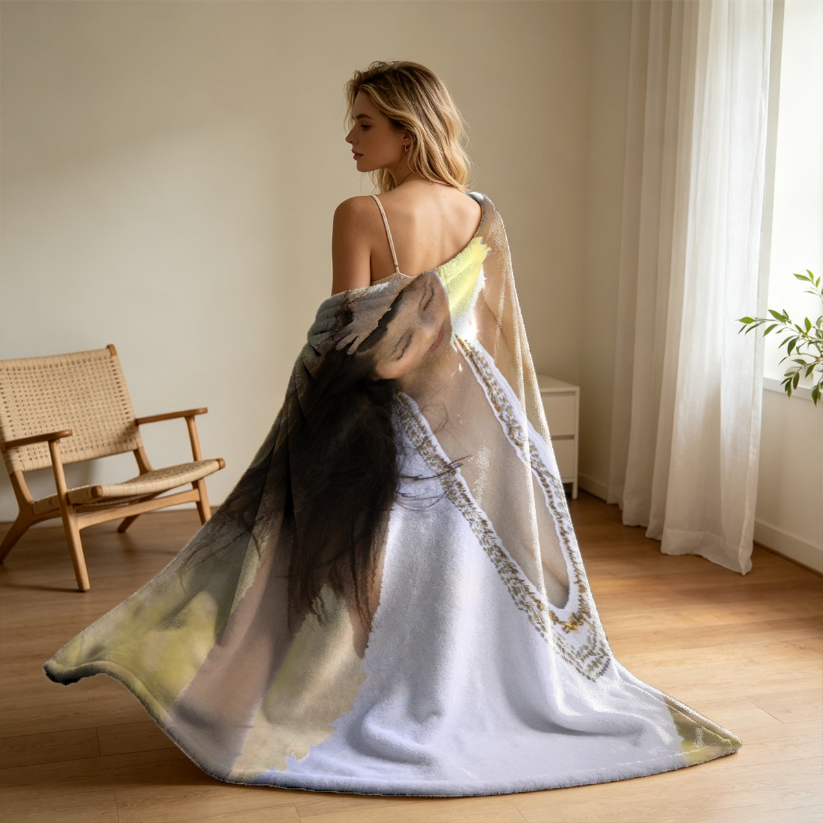 Two Celebrities in Lingerie Embracing by the Fireplace - Blanket