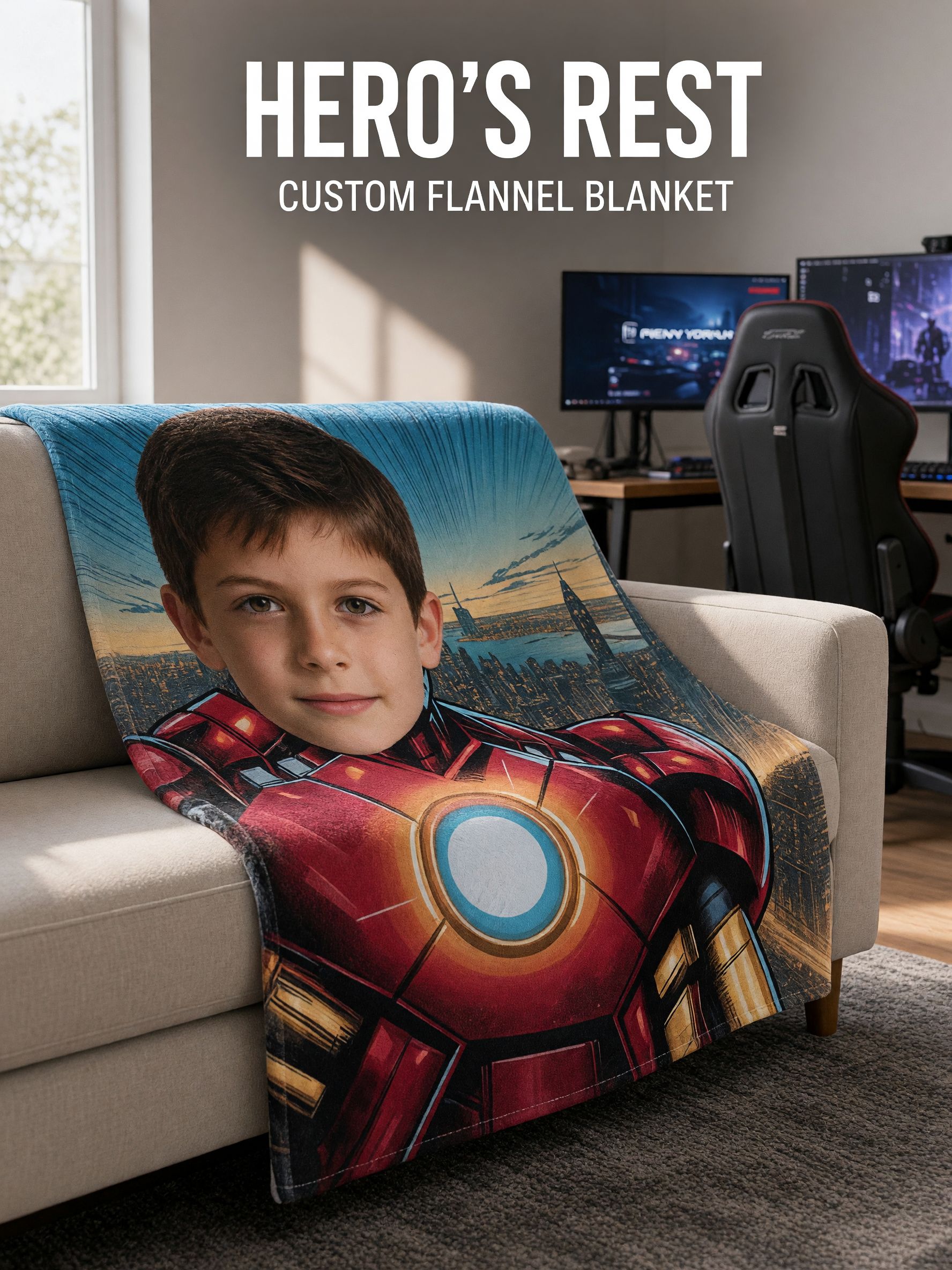 Custom Superhero Face Flannel Blanket Personalized Photo Throw for Bed Couch, Cozy Comic Portrait Gift