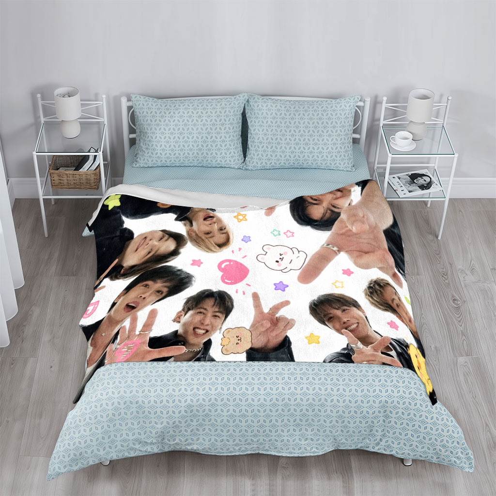 BTS Members in a Circle with Cute Stickers and Peace Signs - Blankets