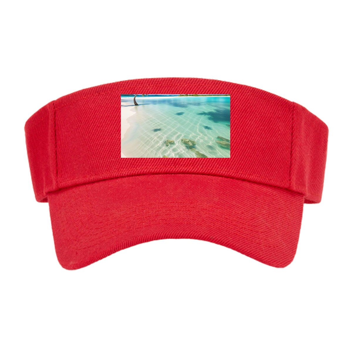 Serene tropical beach with crystal clear water and palm trees -  Visor cap