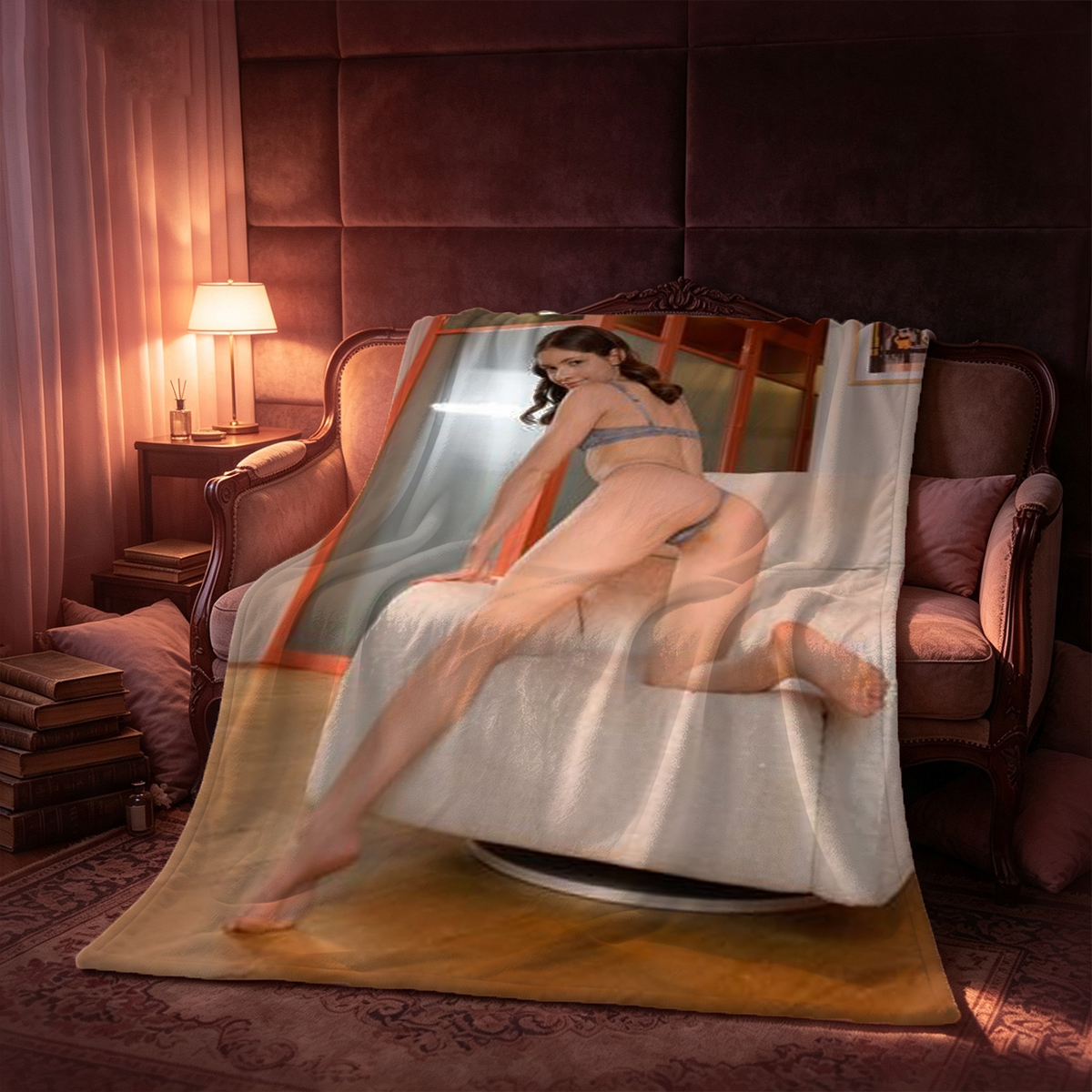 Emma Watson in white bodysuit on bed teasing pose - Blanket