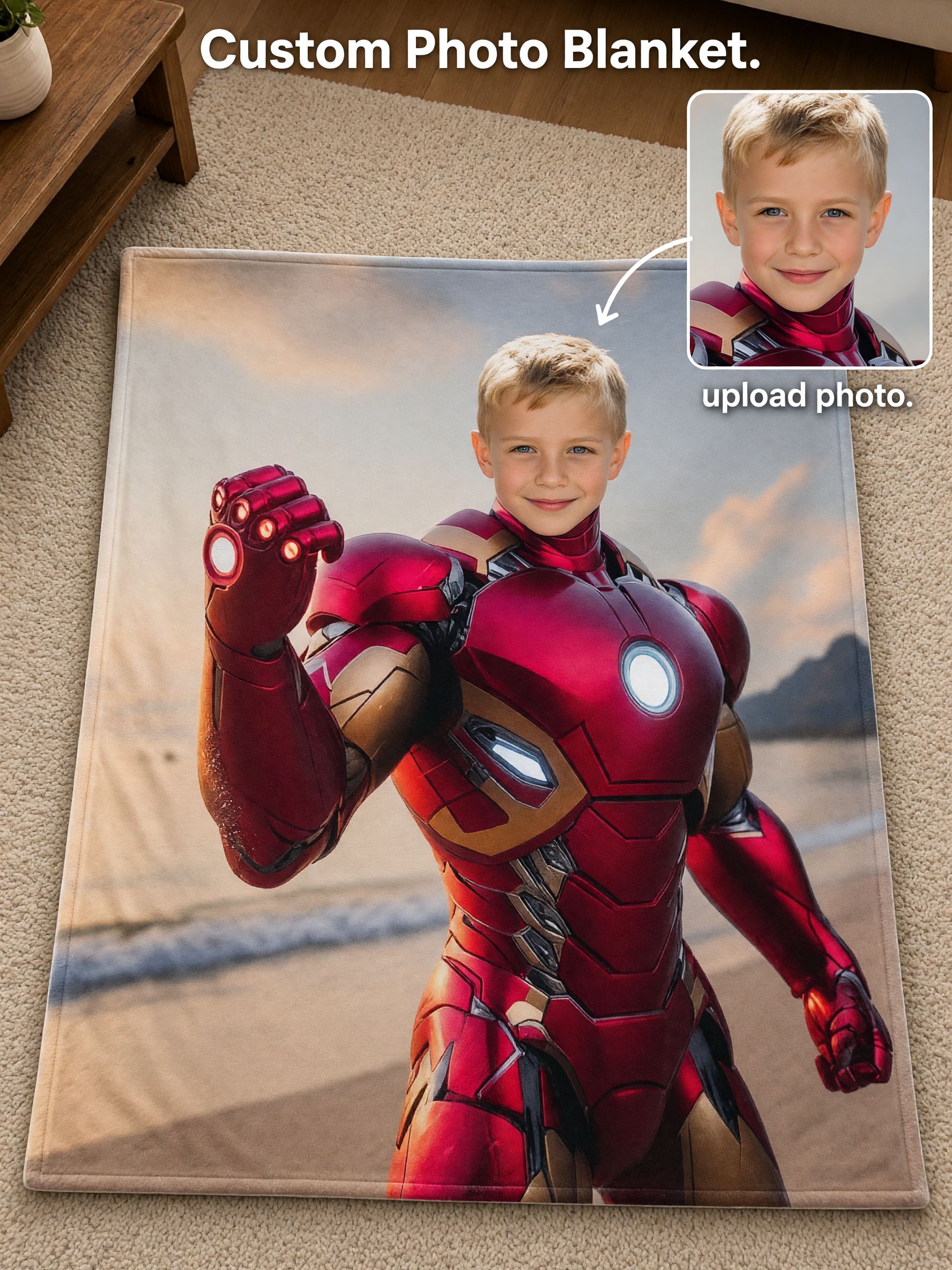 Custom Photo Face Blanket Personalized Armored Superhero Flannel Fleece Throw Soft Skin-Friendly Cozy Keepsake Gift for