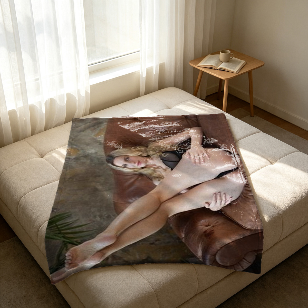 Nude Japanese Model in Dark Bedroom, Legs Spread Pose - Blanket