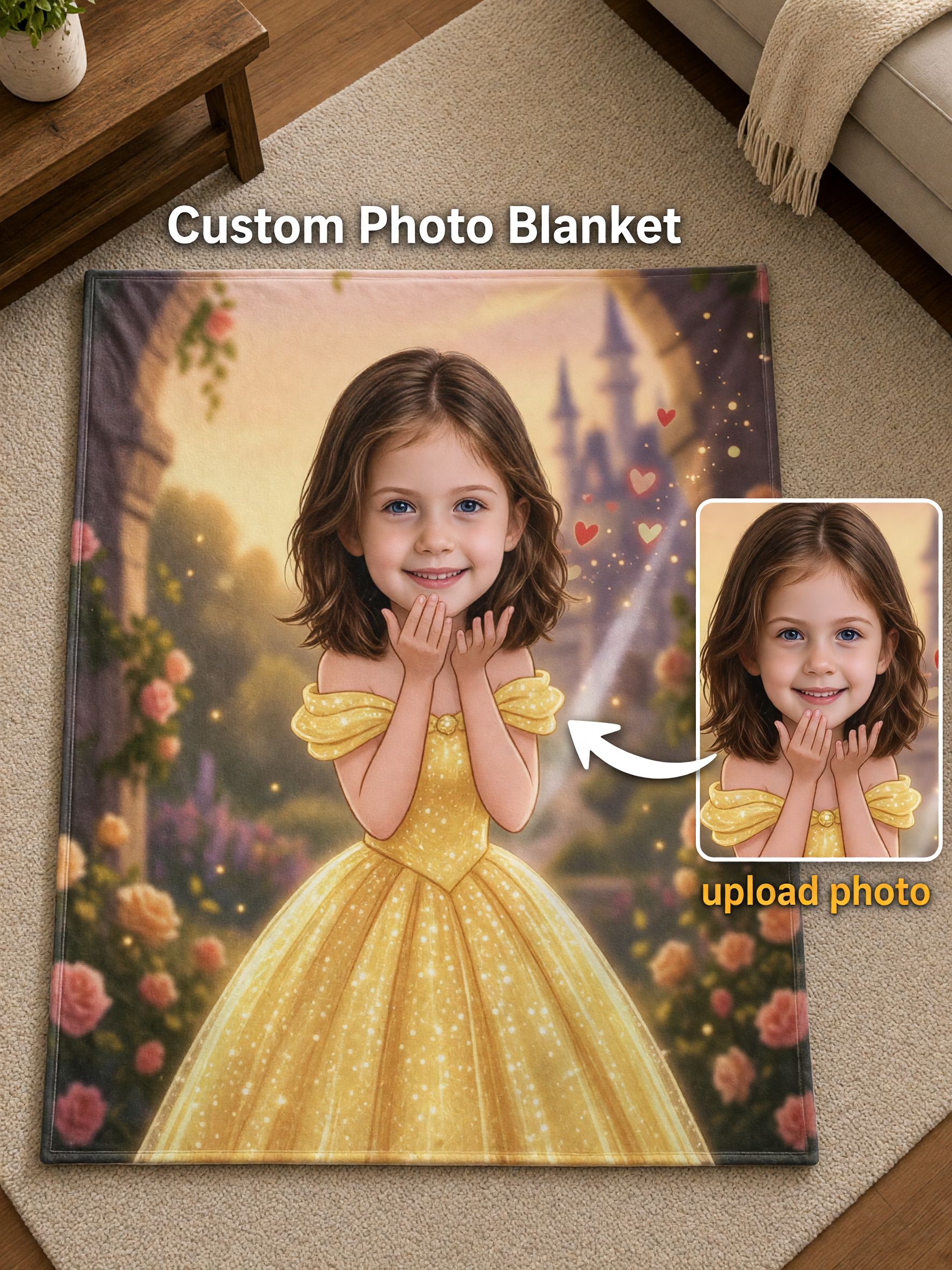 Custom Face Photo Blanket, Personalized Fairytale Princess Flannel Throw, Ultra Soft Cozy Keepsake Gift for Kids