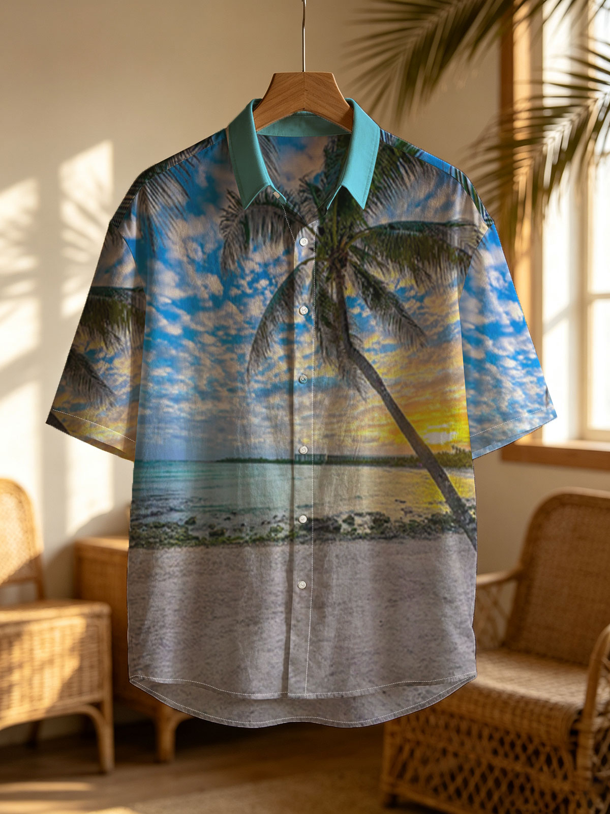 Tropical beach at sunset with palm tree and calm sea -  Shirt