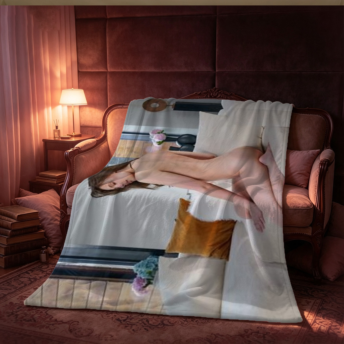 Blonde Maid in Lingerie Teasing Her Lesbian Lover on Bed - Blanket