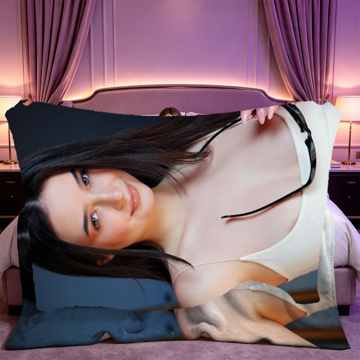 Emily Ratajkowski in an unbuttoned white shirt kneeling on bed. - Blanket