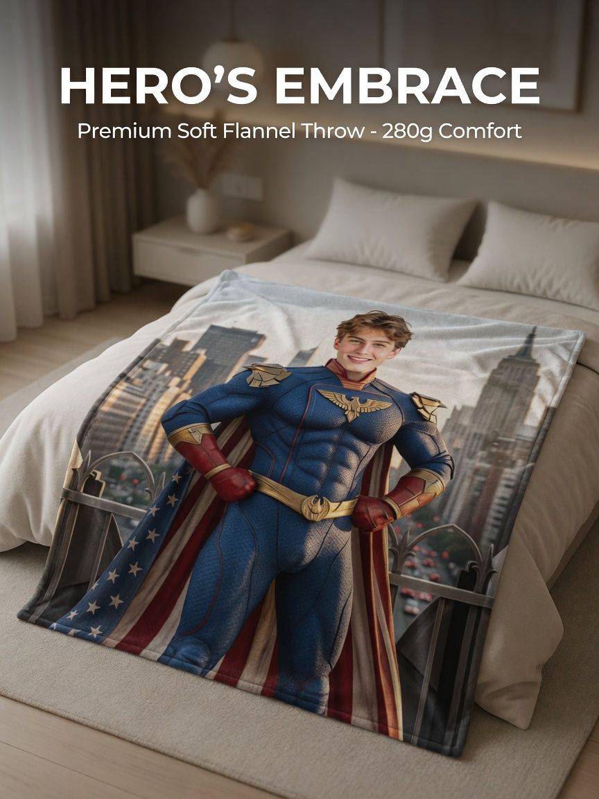 Custom Face Photo Superhero Blanket, Personalized Portrait Flannel Fleece Throw for Bed Couch, Unique Cozy Gift