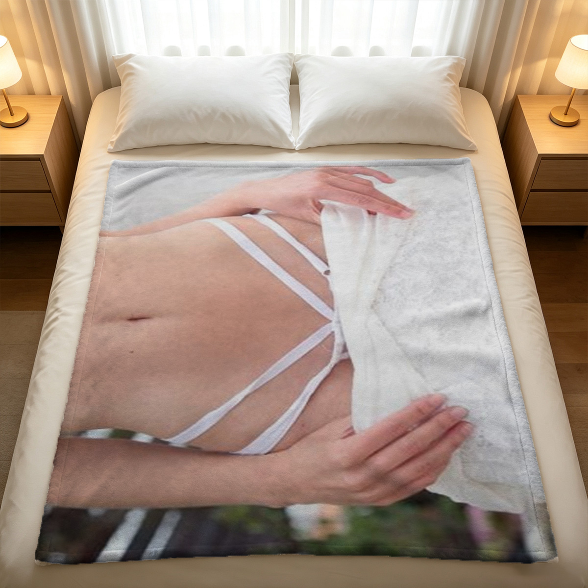 White Lingerie and Fishnet Sleeves - Chinese Beauty in Hotel Room - Blanket
