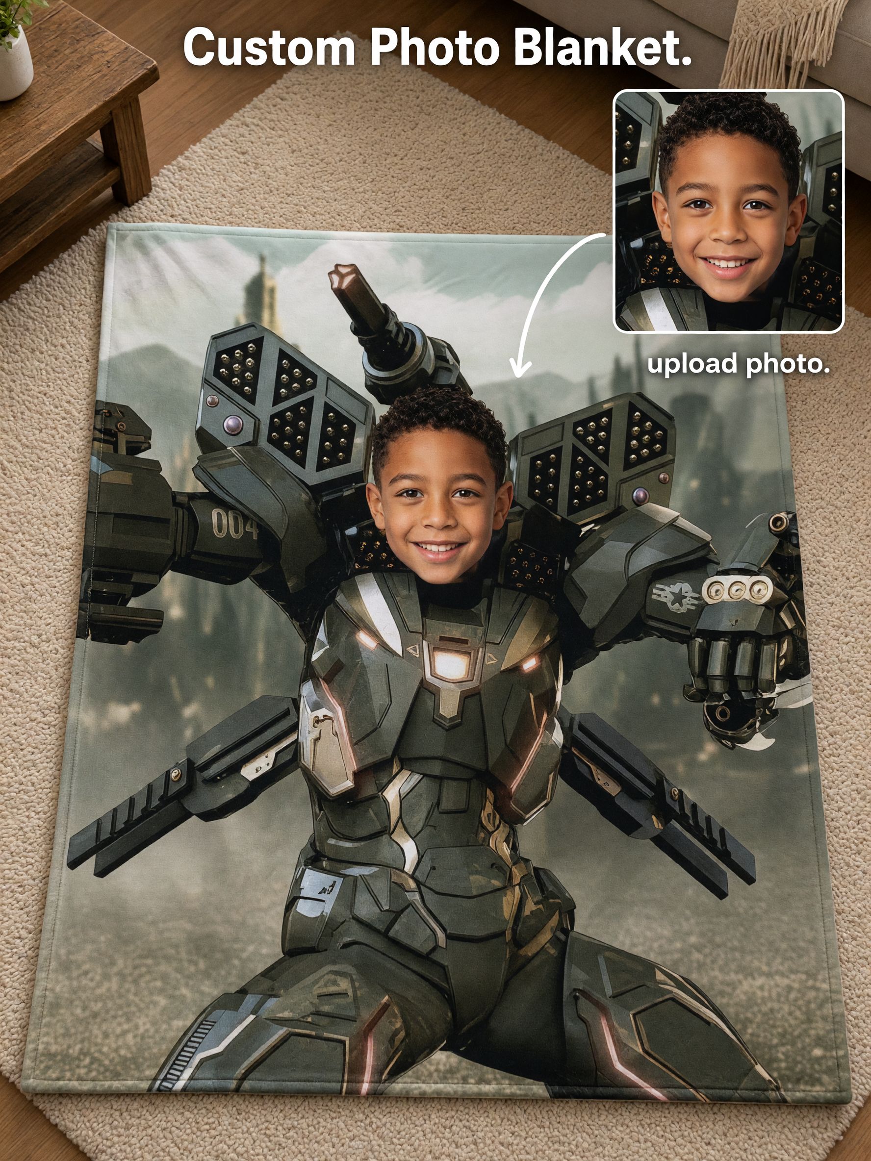 Custom Photo Mech Armor Hero Flannel Blanket Personalized Face Fleece Throw for Kids Bedroom Couch Cozy Warm Keepsake