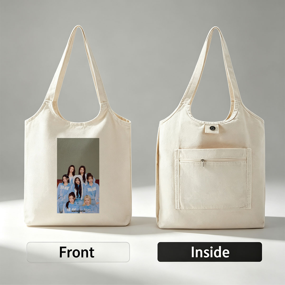 BABYMONSTER Group Photo in Matching Blue Outfits with Furry Hoodies and Minimalist Background - Canvas shoulder bags/