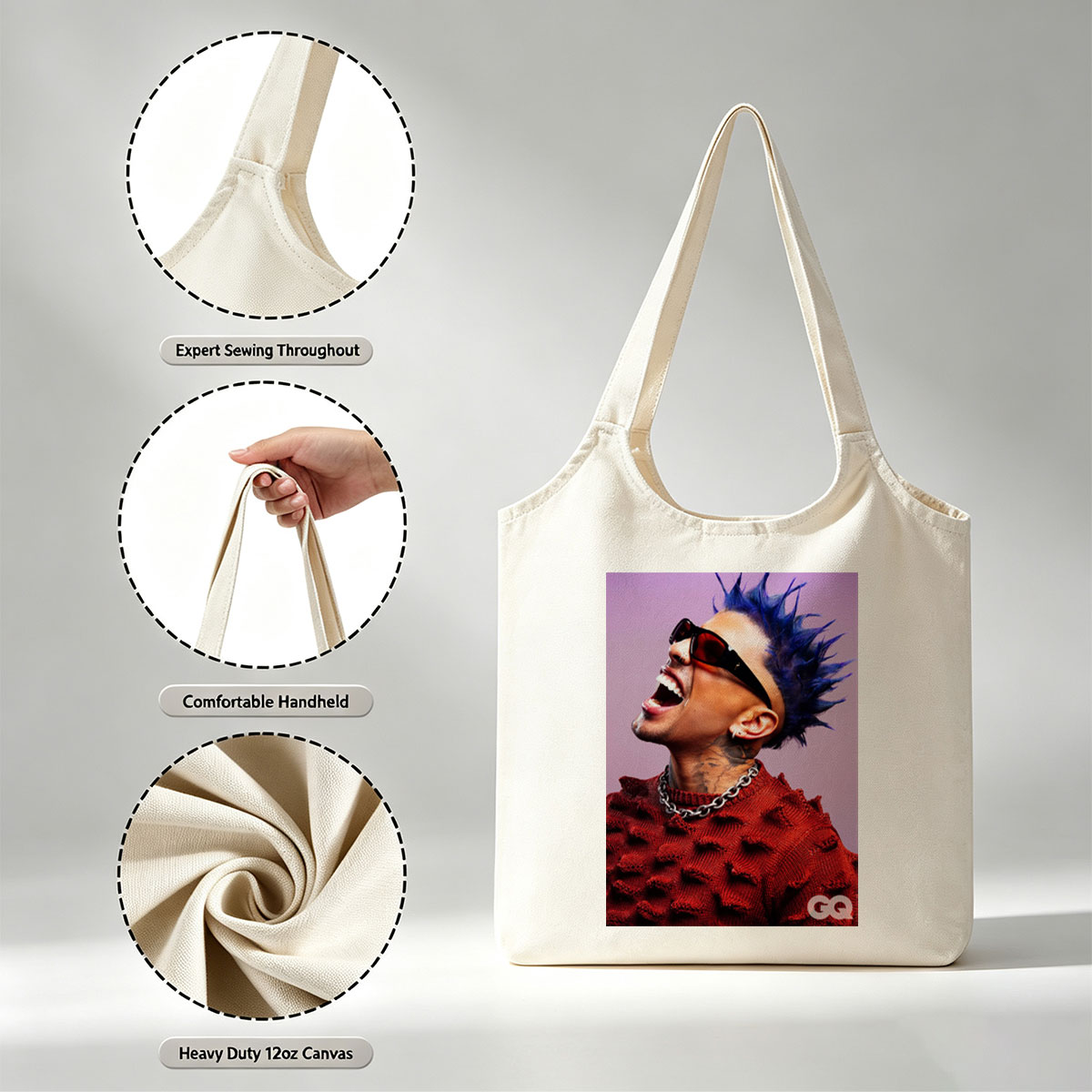 Daddy Yankee in a Bold Red Sweater with Spiky Blue Hair and Sunglasses, Laughing Loudly Against a Purple Background - Canvas shoulder bags/