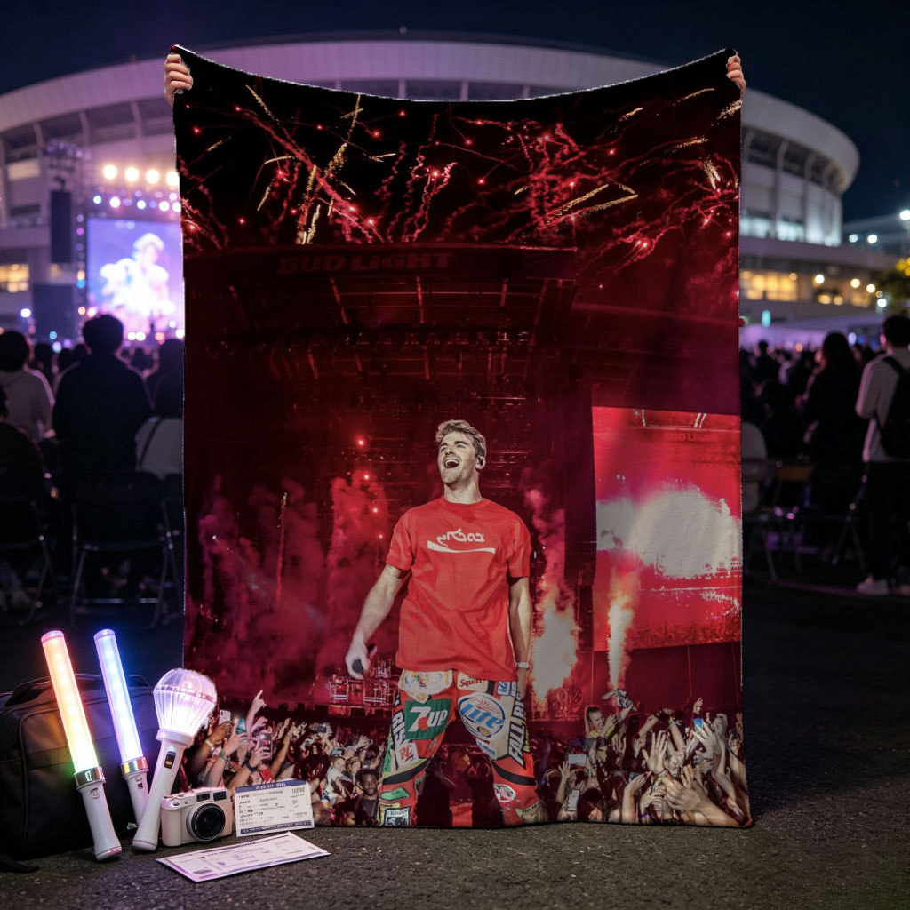 Machine Gun Kelly Live Performance on Stage with Fireworks and Crowd at Concert - Blankets
