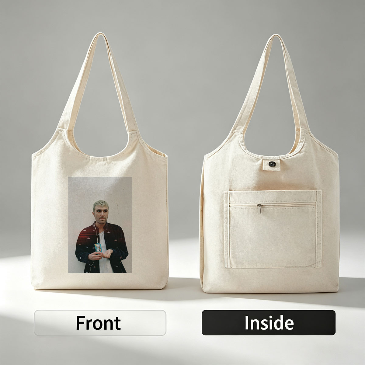 Lauv Standing Against White Wall Holding Candy Bar with Earphones - Canvas shoulder bags/