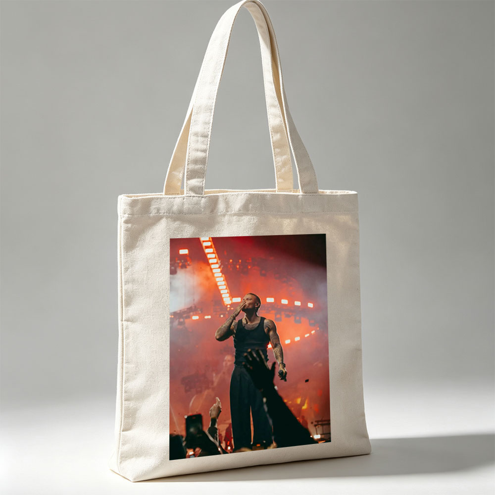 Tory Lanez on Stage Performing at a Concert with Intense Red Lighting and Crowd Engagement - Canvas tote bags