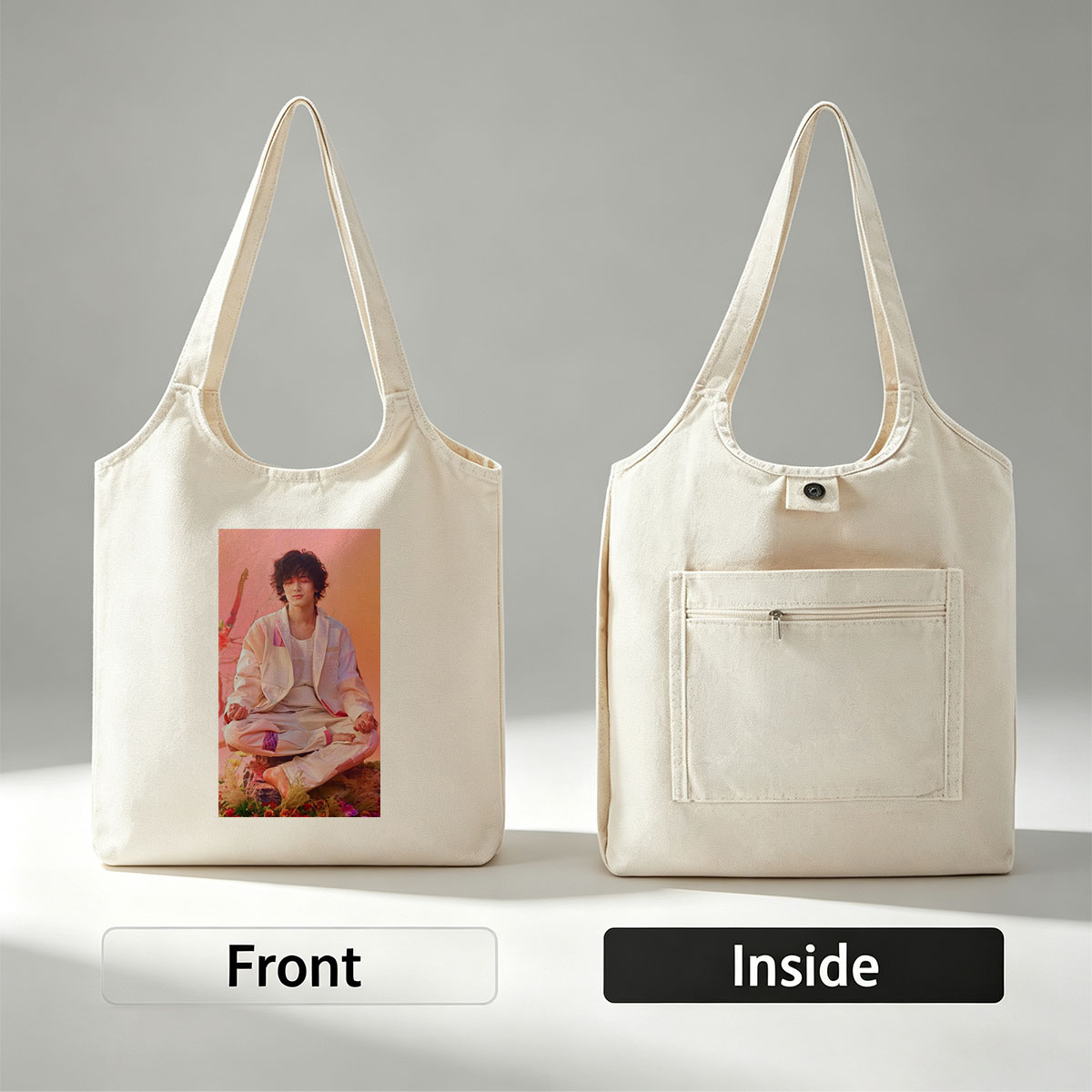 Takuya Kimura Meditating in a Serene Floral Garden with Soft Pink and Orange Background - Canvas shoulder bags/
