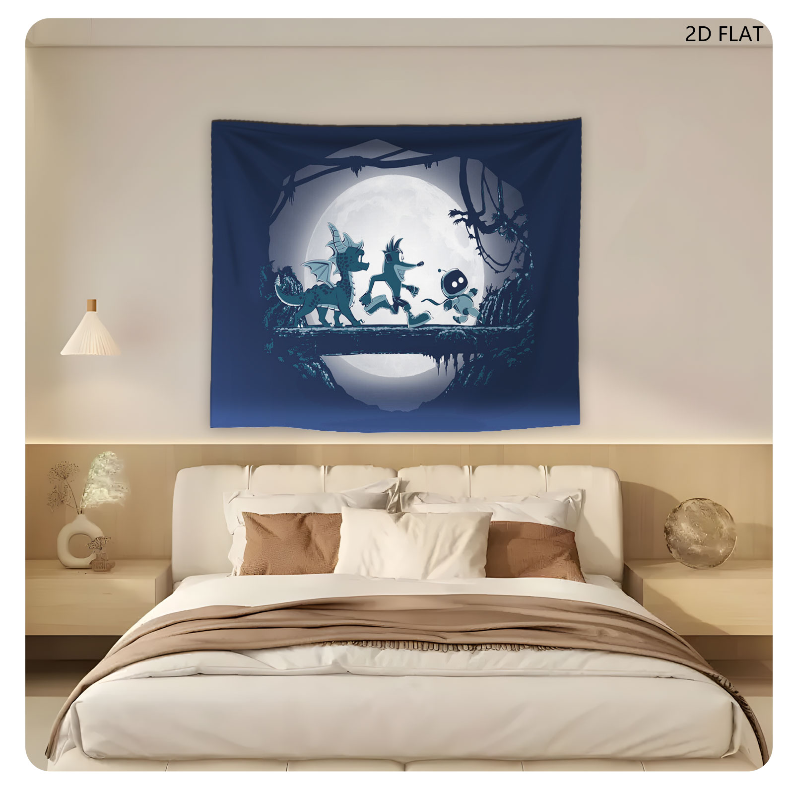 Night Run: Dragon, Wolf, and Robot Under Full Moon - Tapestry