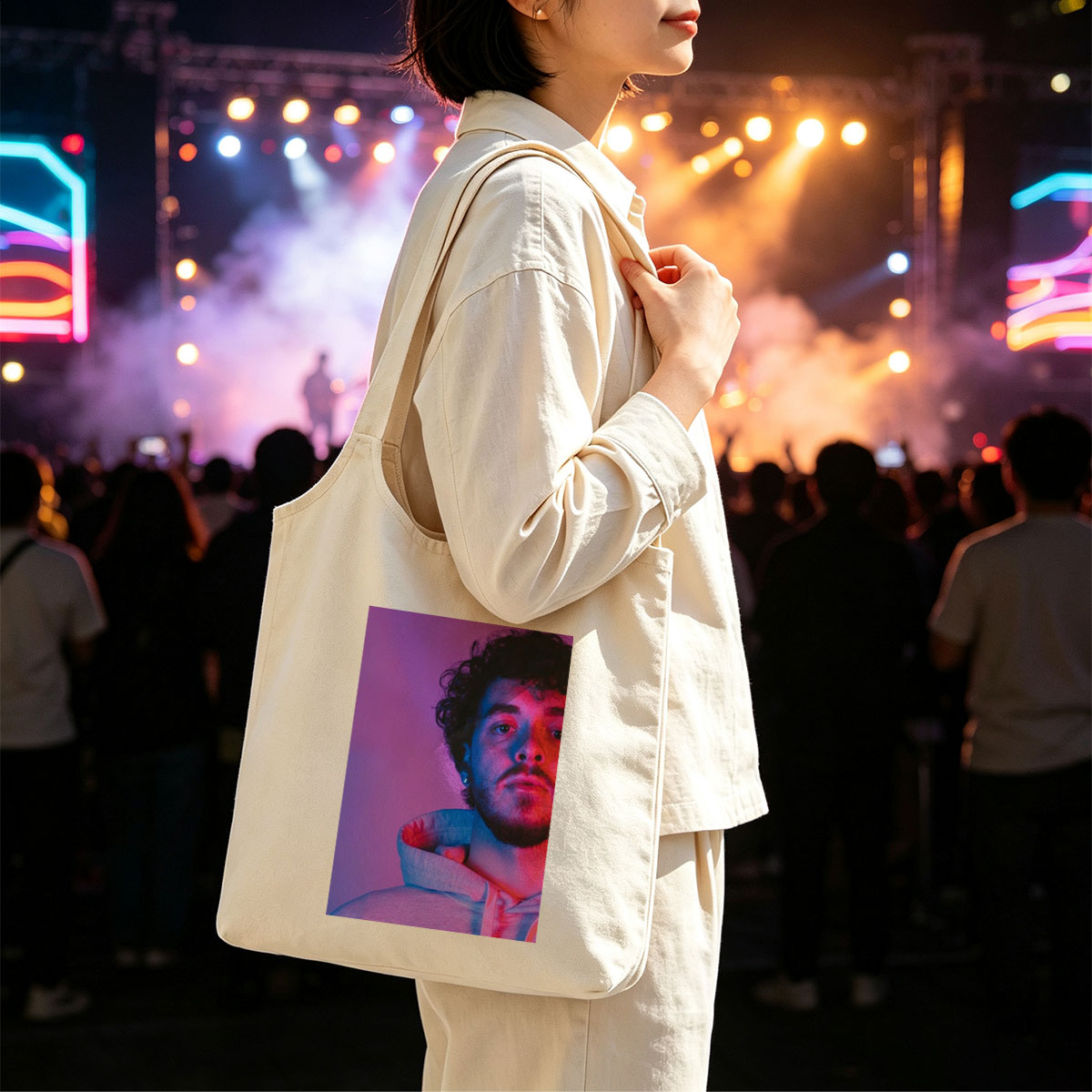 Jack Harlow in a Neon Glow Portrait Wearing a Hoodie with Purple and Pink Lighting - Canvas shoulder bags/