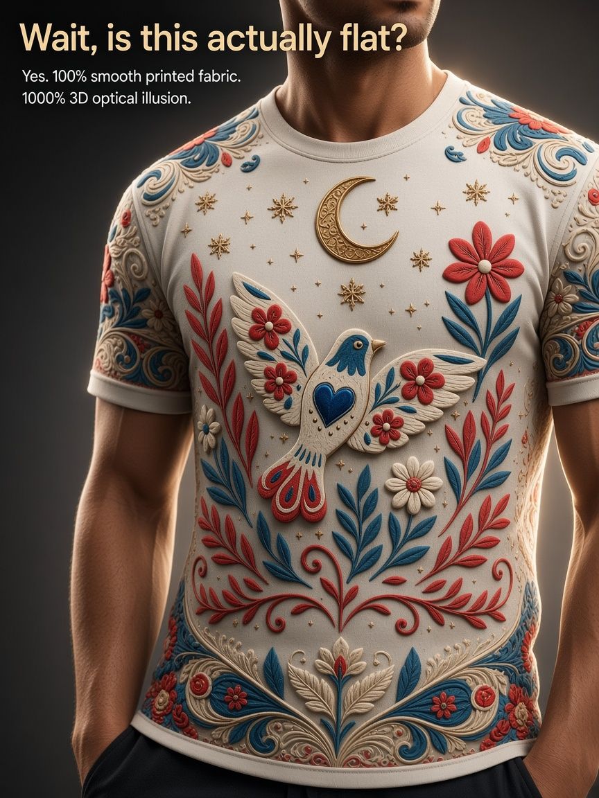 Folk Floral Dove 3D Optical Illusion Graphic Tee Breathable Athletic Mesh T-Shirt Casual and Sports Wear