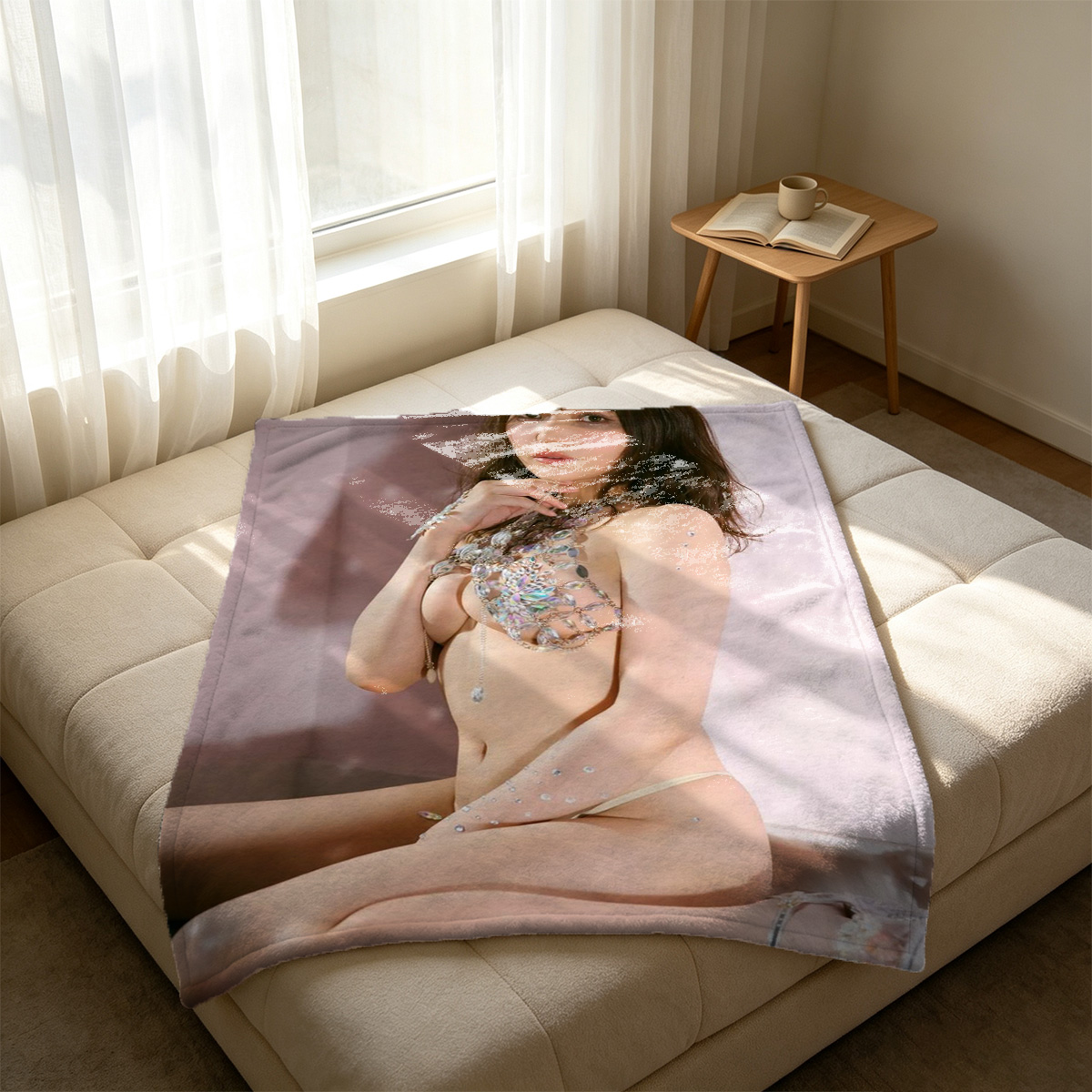 Nude blonde woman posing seductively in a dimly lit room - Blanket