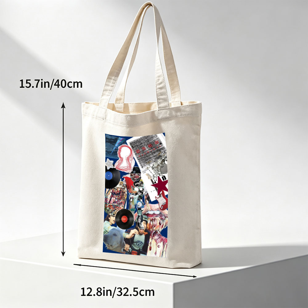BTS Music Collage Featuring Vinyl Records, Guitars, and Artistic Elements - Canvas tote bags