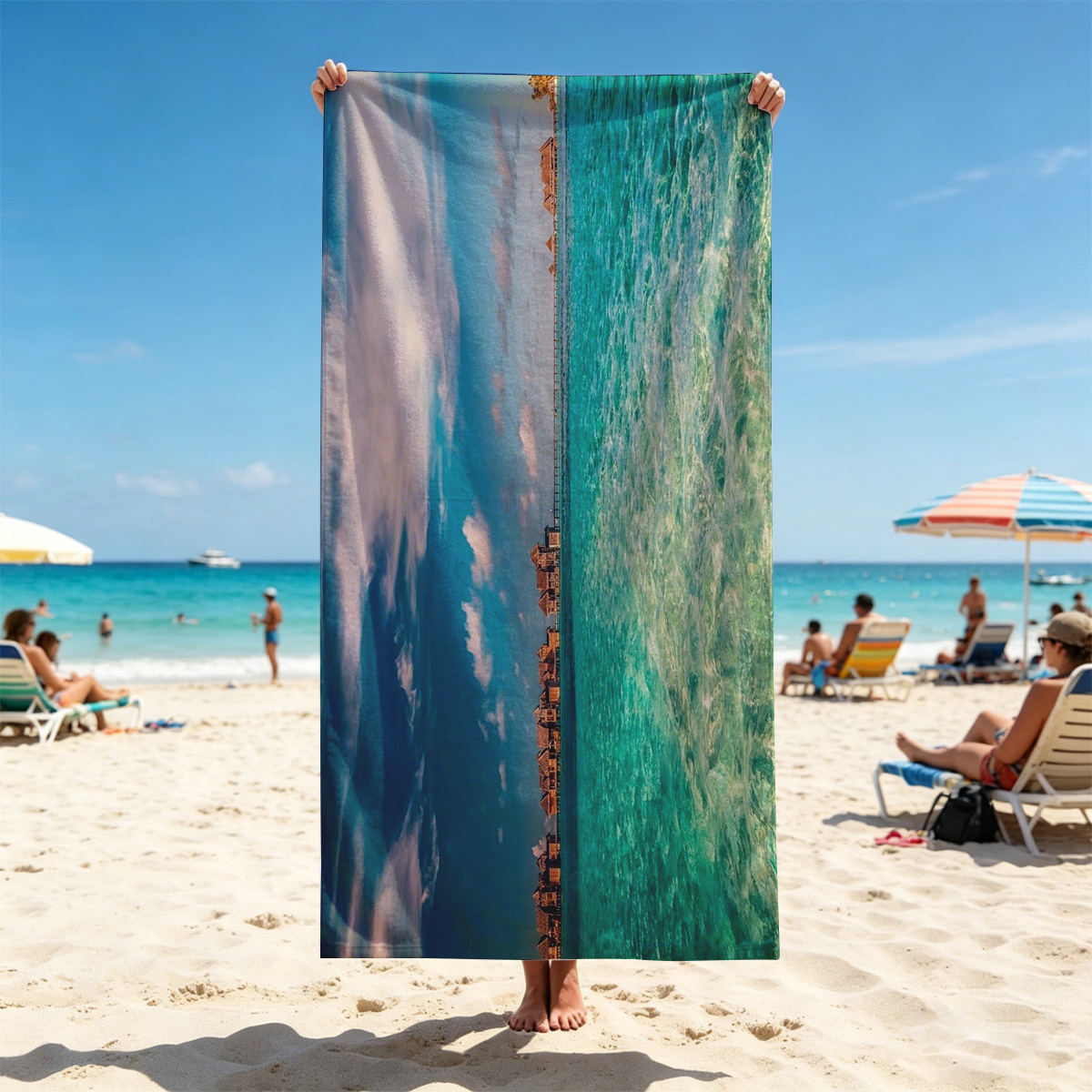 Overwater bungalows stretch into turquoise waters under a vibrant sky. - Beach towels